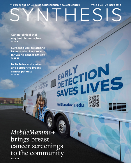 Magazine cover with word Synthesis and a blue and white bus with the image of two women and the words Early Detection Saves Lives